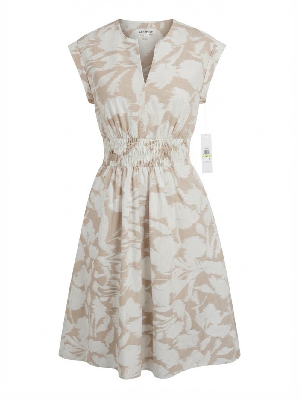 Calvin Klein Beige and White Floral Smocked Waist Dress